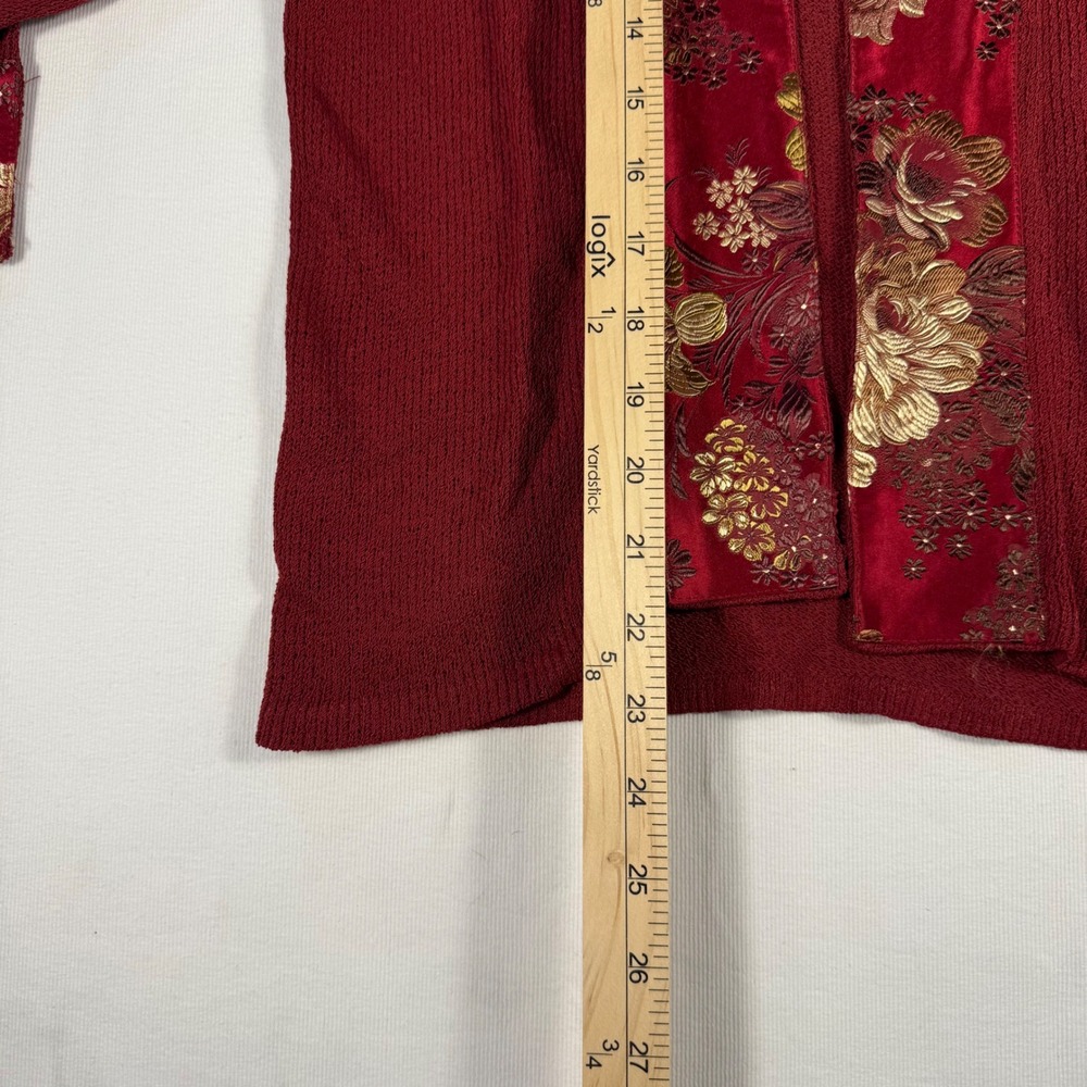 Ball of Cotton Red Textured Knit Cardigan with Floral Brocade Trim Women's S - Picture 8 of 16